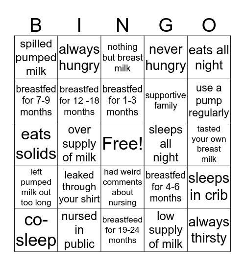 Breastfeeding Bingo Card