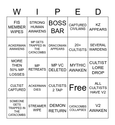 MP WIPE PD Bingo Card