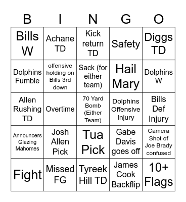 Bills Dolphins Bingo Card