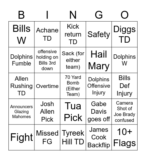 Bills Dolphins Bingo Card
