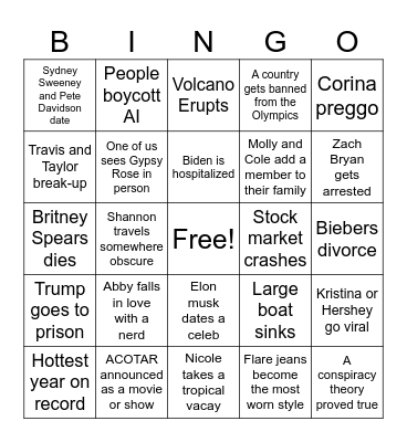 Taylor’s 2024 Predictions Bingo Card