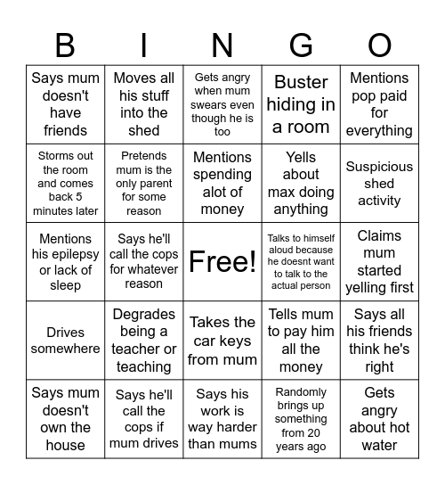 Crazy Dad Bingo Card