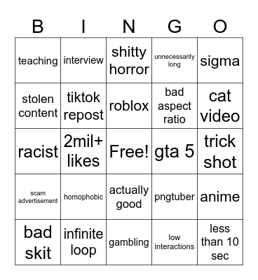 Youtube Shorts Bingo Card