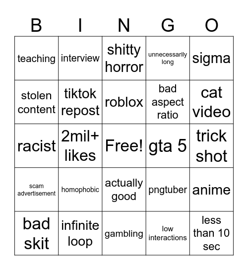 Youtube Shorts Bingo Card