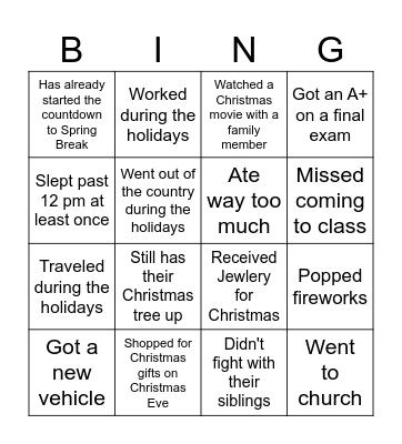 Post Christmas Holiday Bingo Card