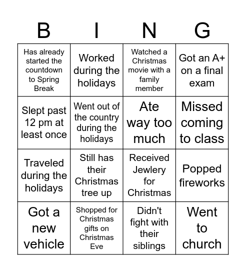 Post Christmas Holiday Bingo Card