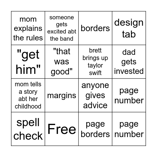 Microsoft Word  Bingo Card