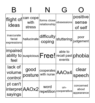 Mental Health Assessment Bingo Card