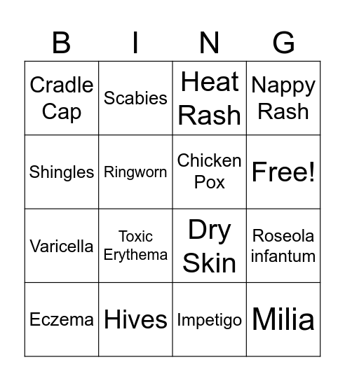 Newborn and Infant Rashes Bingo Card