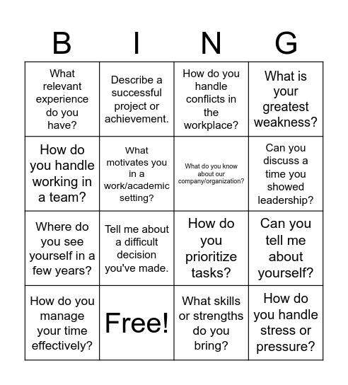 Mock Interview Bingo Card