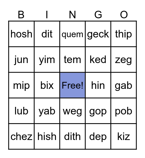 Wilson 1.3 Nonsense Words Bingo Card
