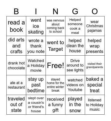 Back From Winter Break Bingo Card