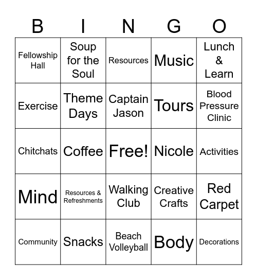 Oak Creek Senior Center Grand Opening Bingo Card