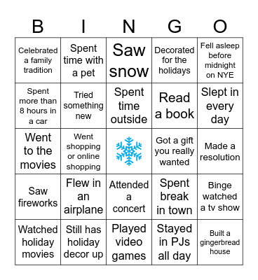 Winter Break Bingo Card