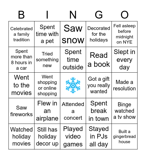 Winter Break Bingo Card