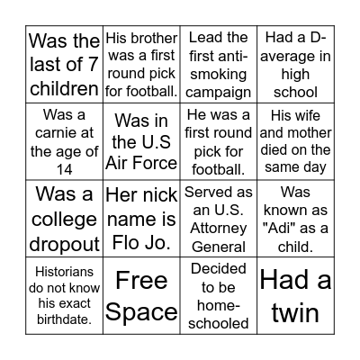 First Hour Biography/Autobiography Facts Bingo Card