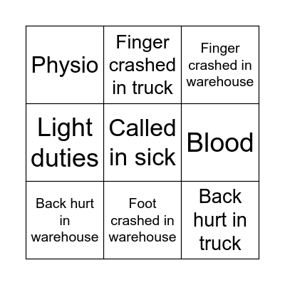 Injuries Bingo Card