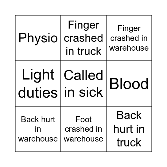 Injuries Bingo Card