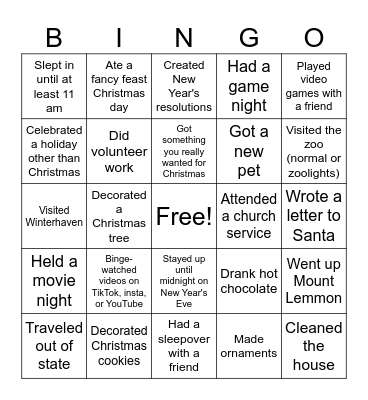 Christmas Break Bingo Card