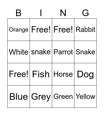 Pets and colors Bingo Card
