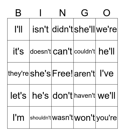 Contraction Bingo Card