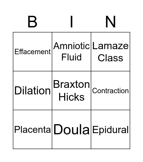 Prenatal Bingo Card