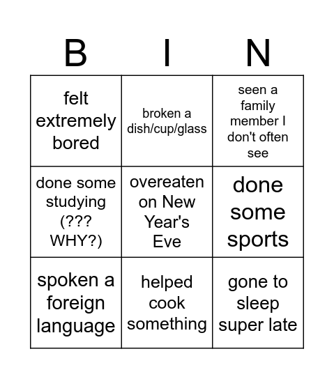 Over Christmas break, I have... (have you...?) Bingo Card