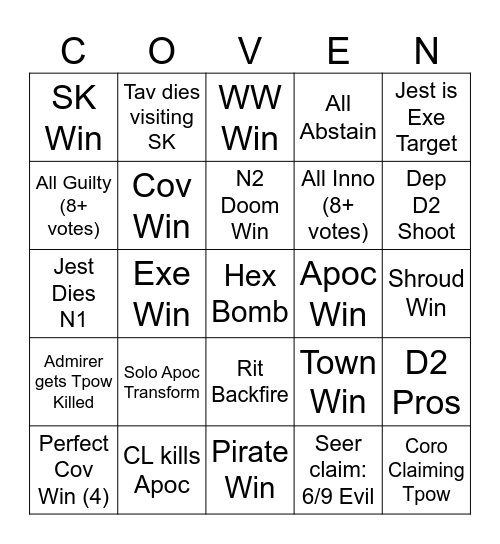 Town of Salem 2 Bingo Card