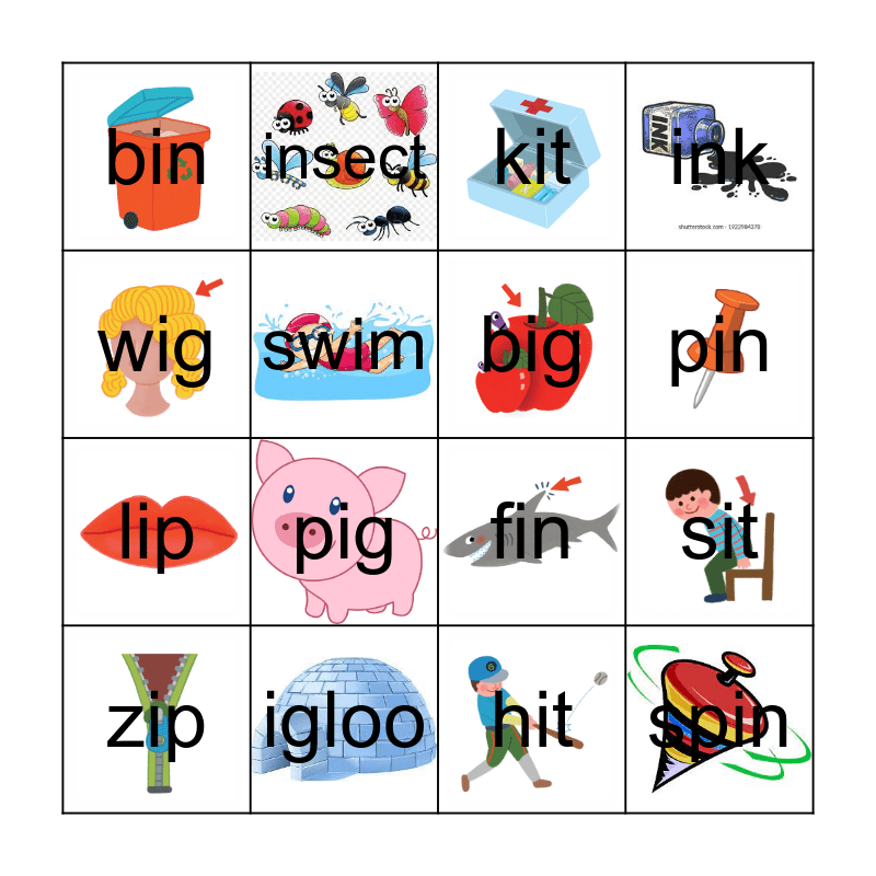 Short Vowel i Bingo Card