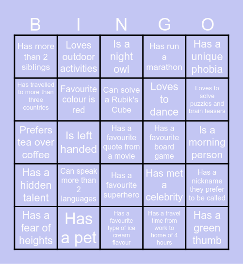 Get to know your Colleagues Bingo Card