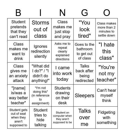 Disrespect Bingo Card