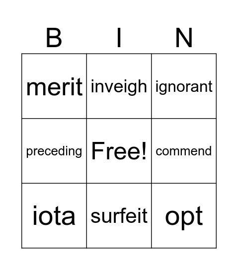 Vocabulary Jan 8-14 Bingo Card