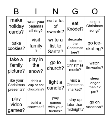Christmas Holidays Bingo Card