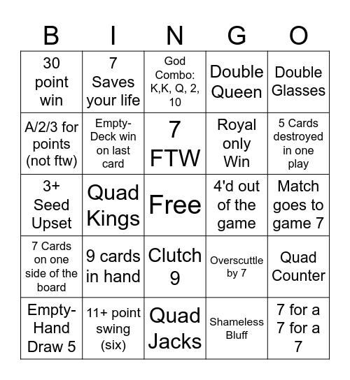 Cuttle Championshp Bingo Card