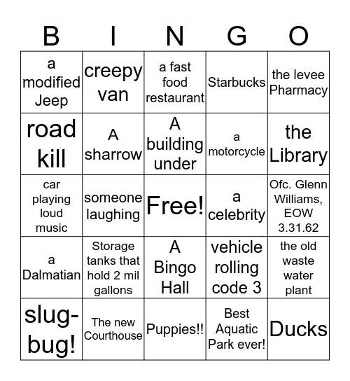 Roadside Bingo!!! Bingo Card