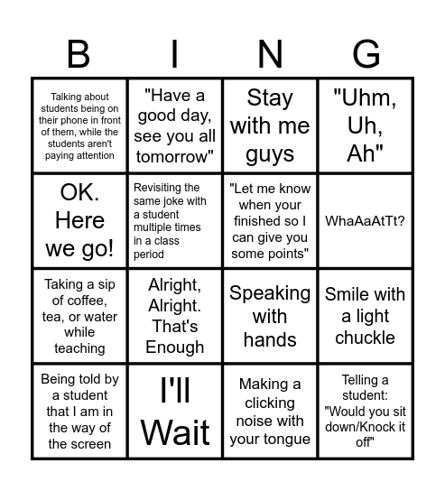 Mr. Russell's Saying and mannerisms Bingo Card