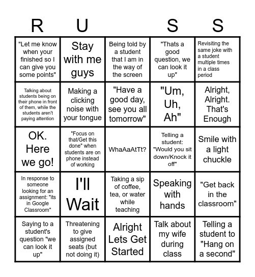 Mr. Russell's Saying and Mannerisms Bingo Card