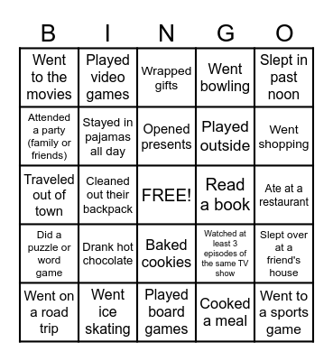 Winter Break Bingo- What did you do? Bingo Card