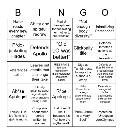 Lore Olympus Bad Faith Criticism Bingo Card