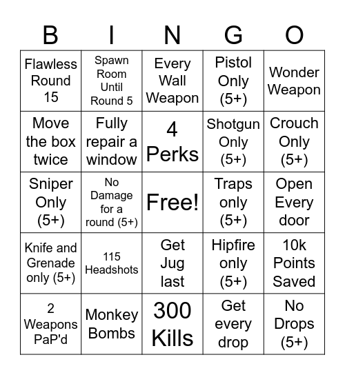 COD Zombies Bingo Card