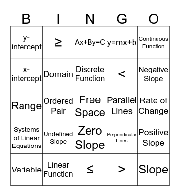 Linear Vocabulary Bingo Card