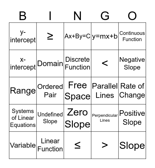 Linear Vocabulary Bingo Card