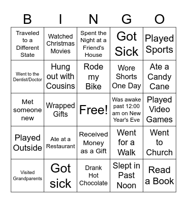 Back to School Winter Break Bingo Card