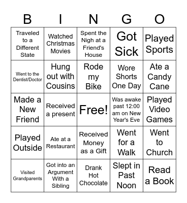 Back to School Winter Break Bingo Card