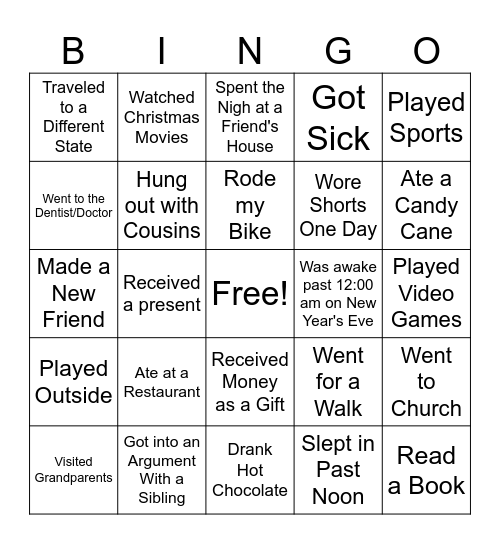 Back to School Winter Break Bingo Card