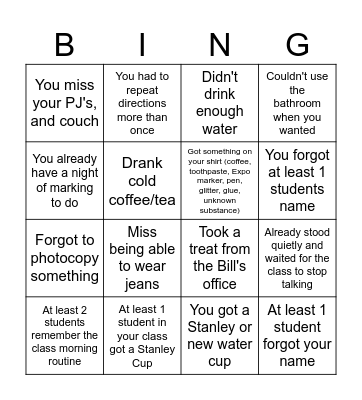 Back to School Staff Bingo Card