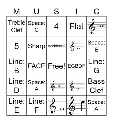 Notes on the Staff: TREBLE CLEF EDITION Bingo Card