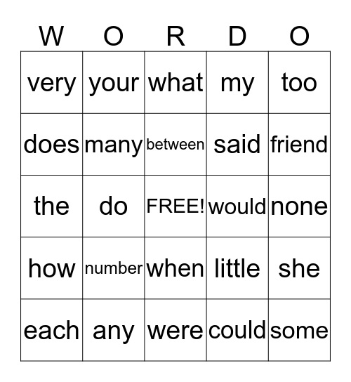 Trick Word -O Bingo Card