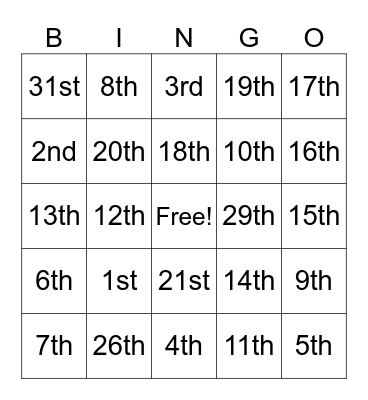 Ordinal Numbers Bingo Card