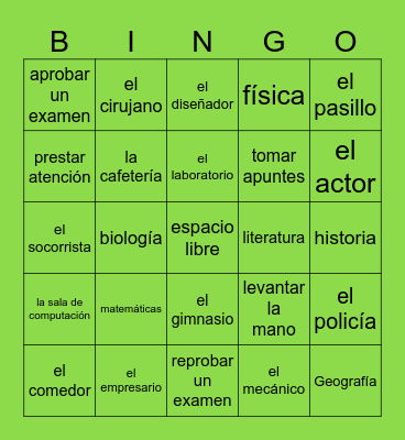 La escuela y profesiones Bingo Card